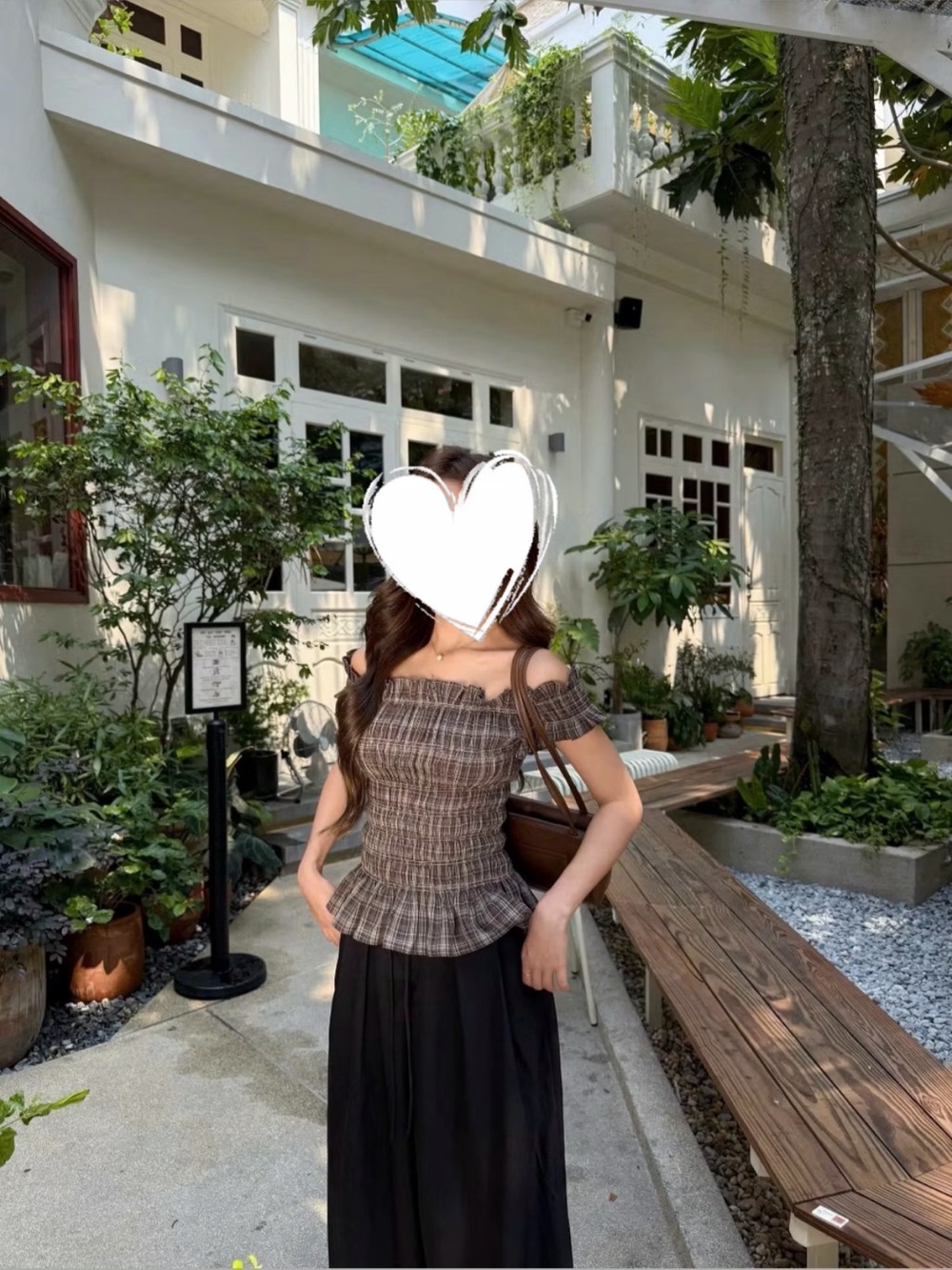 Women’s Brown Plaid Smocked Off-Shoulder Top